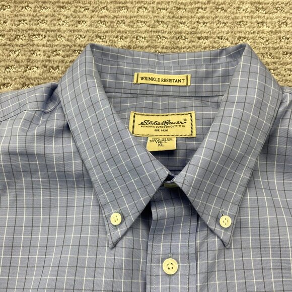 Eddie Bauer Shirt Men Extra Large Tall XLT Blue Checkered Wrinkle Resistant Polo - Picture 4 of 9